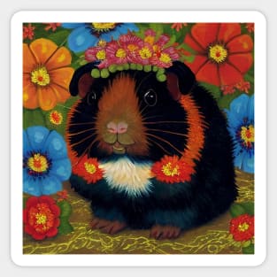 Pretty Black Guinea Pig With Red Flowers Sticker